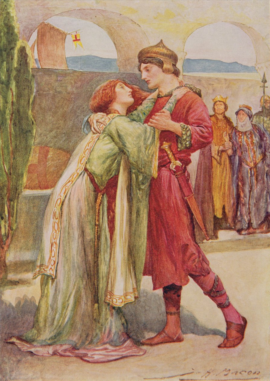 Posthumus a Imogen v Cymbeline z Dětských příběhů ze Shakespeara od Edith Nesbit (1858-1924) pub. od Raphael Tuck & Sons Ltd., Londýn (knižní ilustrace) od John Henry Frederick Bacon