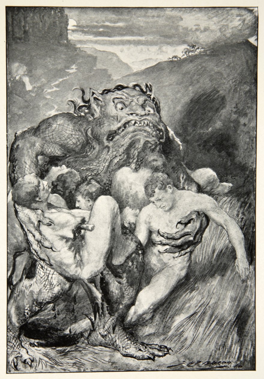 Démon zla se po nich lačně sápal, z knihy M. I. Ebuttové "Hrdinské mýty a legendy britské rasy", 1910. od John Henry Frederick Bacon