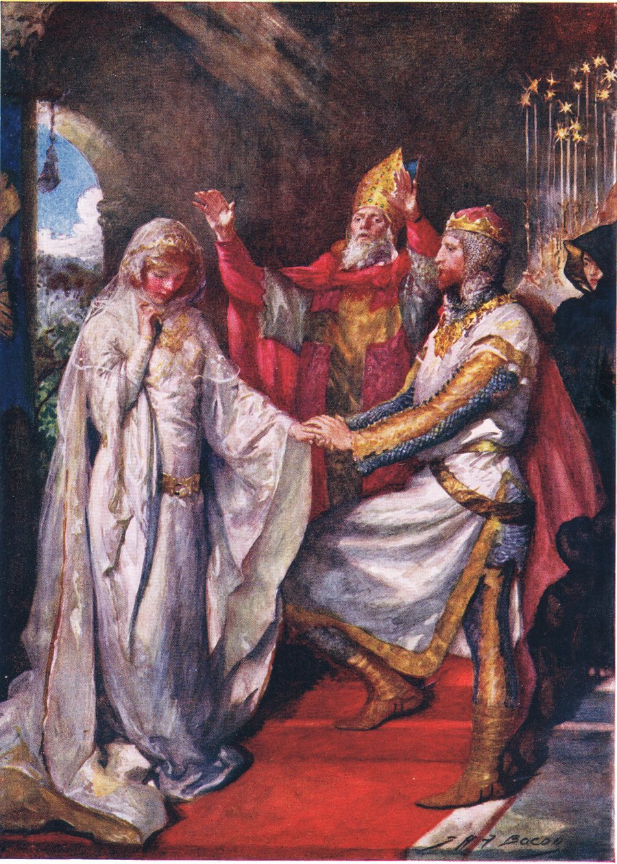 Manželství krále Artuše a královny Guinevere, ilustrace k Dětským příběhům z Tennysonu od Nory Chesson od John Henry Frederick Bacon