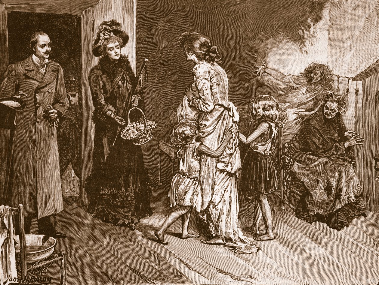 Západ se setkává s Východem: dobře si počínají návštěvníci obydlí ve slumu, ilustrace z „Cassell