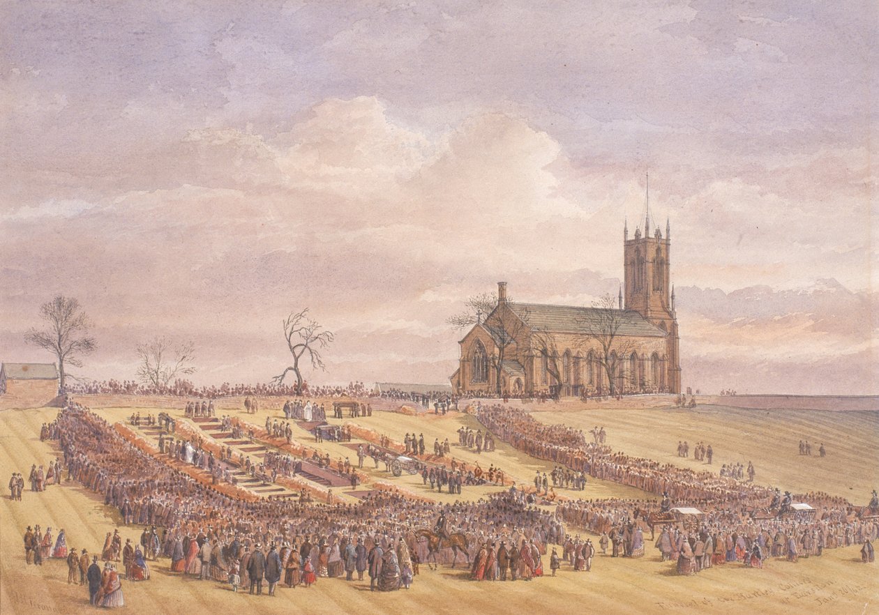 Pohřeb obětí katastrofy Hartley Colliery v hřbitově Earsdon, 26. ledna 1862 (akvarel na papíře) od John Henry Leonard