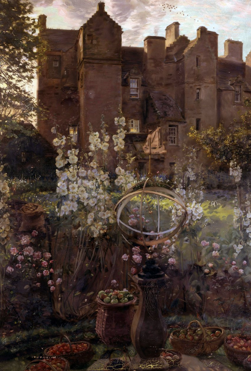 Hrad Kellie, Fife, Skotsko. Skotský hrad se sochou zátiší a košem ovoce v popředí. Obraz Johna Henryho Lorimera (1856-1936, Velká Británie) Soukromá sbírka od John Henry Lorimer