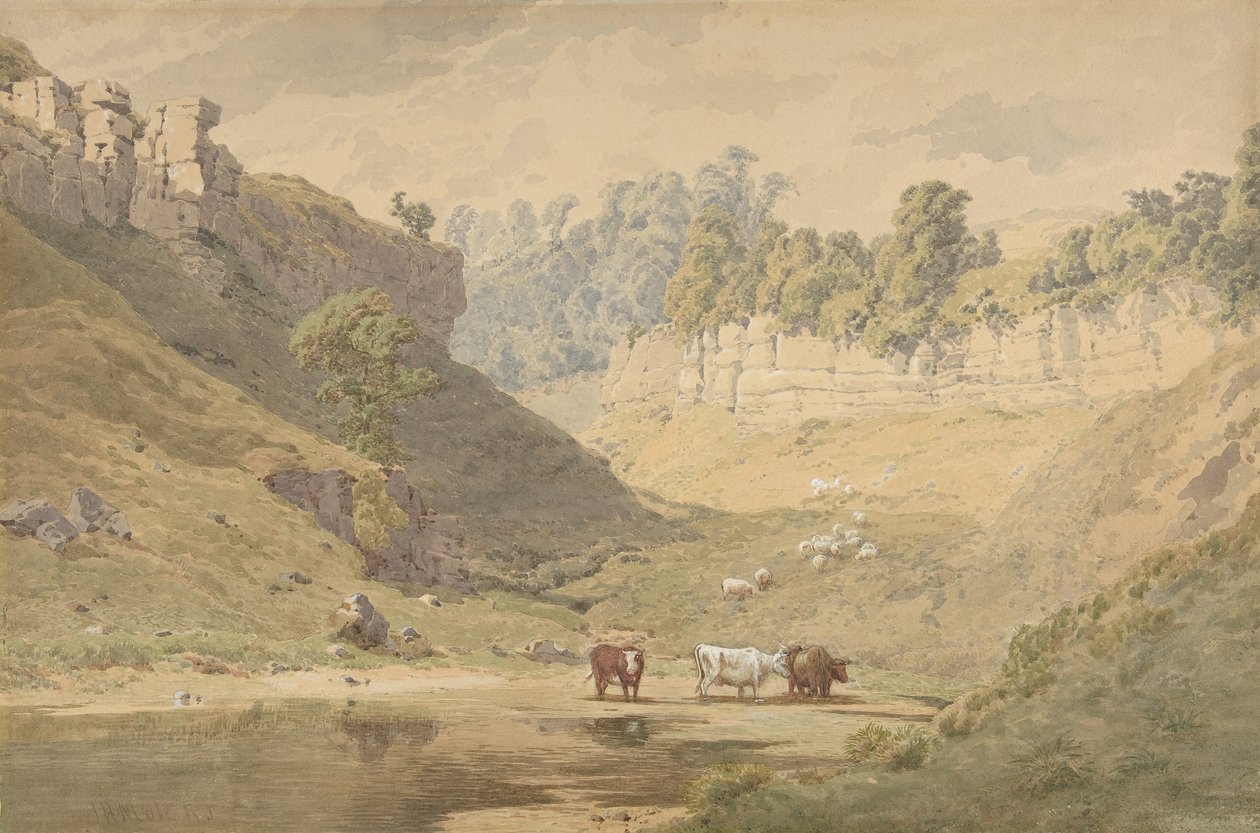 Dobytek u napajedla v údolí, 1830-86. od John Henry Mole
