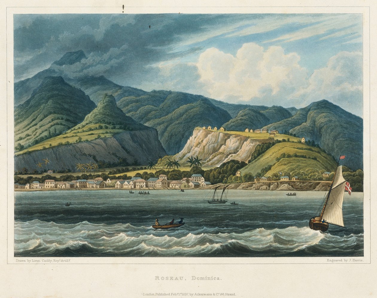 Město Roseau, Dominique (Caraibes). Litografie (32,2x46,6 cm), autor: poručík John Herbert Caddy (1801-1883) od John Herbert Caddy