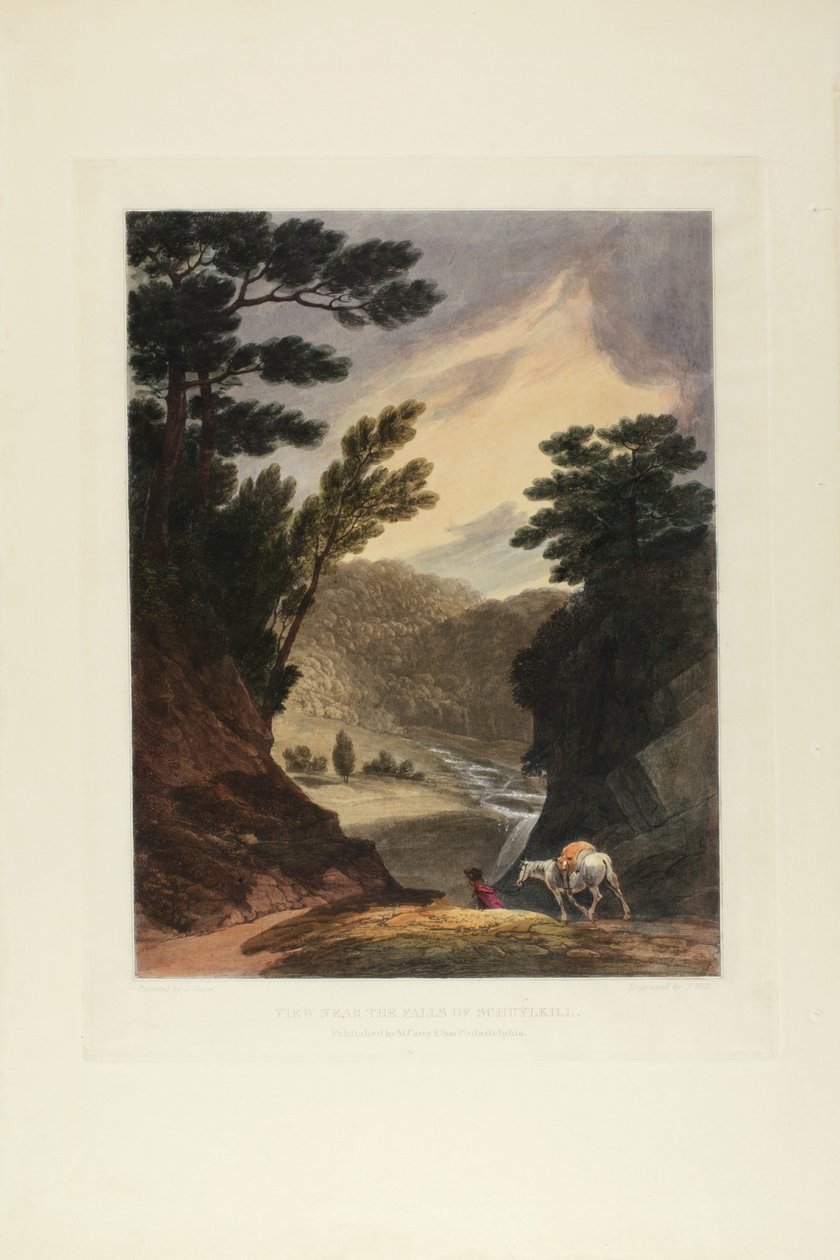 Pohled poblíž vodopádů Schuylkill v Pensylvánii, deska 5 z prvního počtu malebných pohledů na americkou krajinu, 1819-21 od John Hill