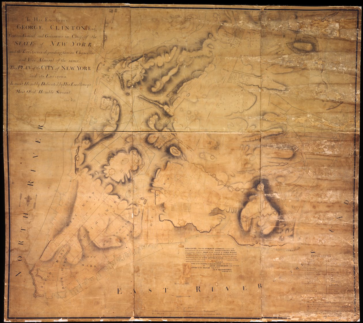 Jeho excelenci George Clinton, Esq. . . .Tento plán města New York a jeho okolí. . ., 1785 (černý a barevný inkoust, černá tužka a barevný lavír na papíře podloženém látkou) od John Hills