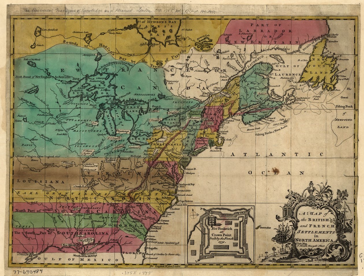 Mapa britských a francouzských osad v Severní Americe. LOC 77690484 od John Hinton