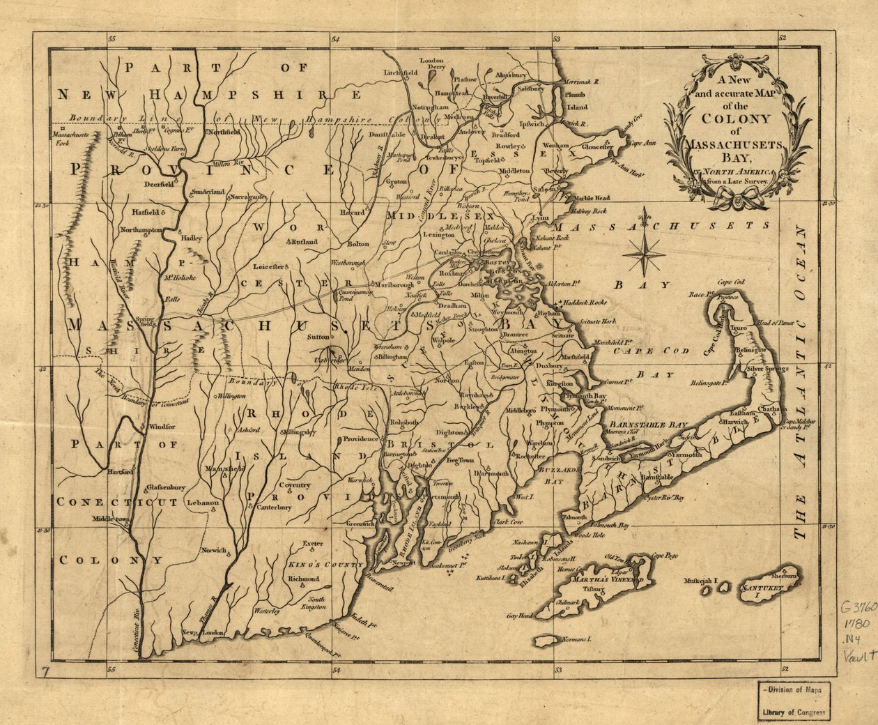 Nová a přesná mapa kolonie Massachusettského zálivu v Severní Americe z pozdního průzkumu. LOC 2001620337 od John Hinton