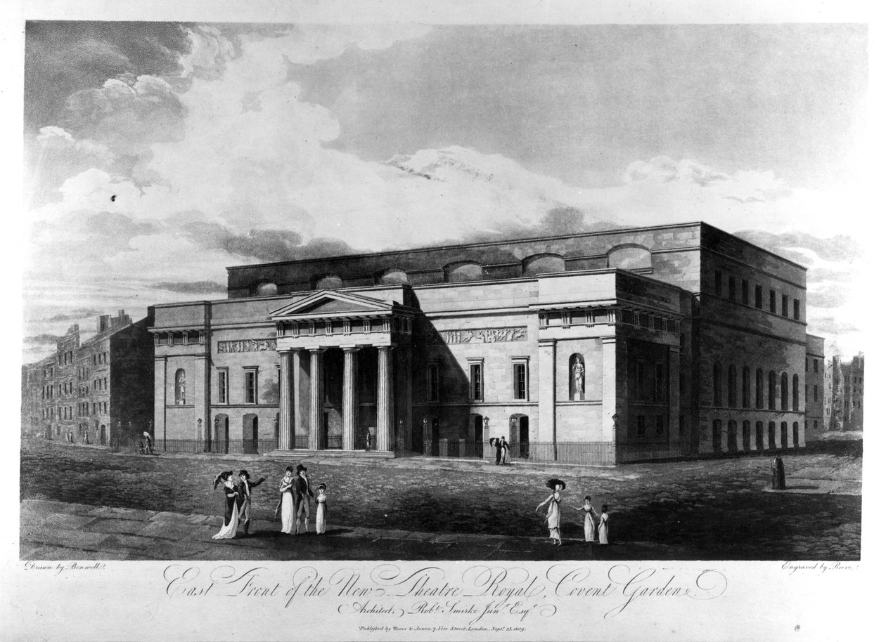 East Front of the New Theatre Royal, Covent Garden, rytý Richard Reeve, 1809 od John Hodges Benwell