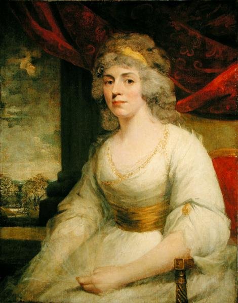 Portrét sedící paní Billingtonové, tři čtvrtiny délky v bílých šatech (olej na plátně) od John Hoppner
