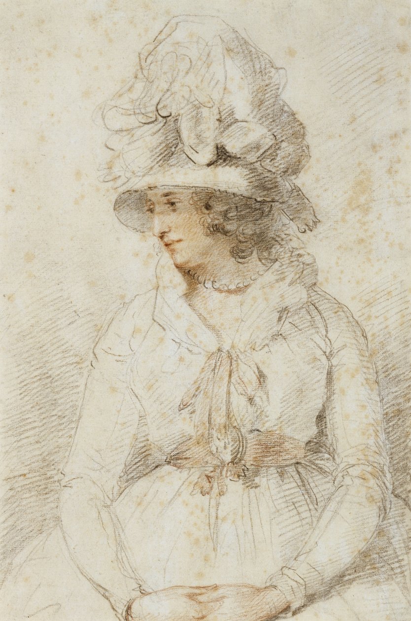 Portrét dámy, 80. léta 18. století (černá a červená křída zvýrazněná bílou na nablýskaném papíře) od John Hoppner