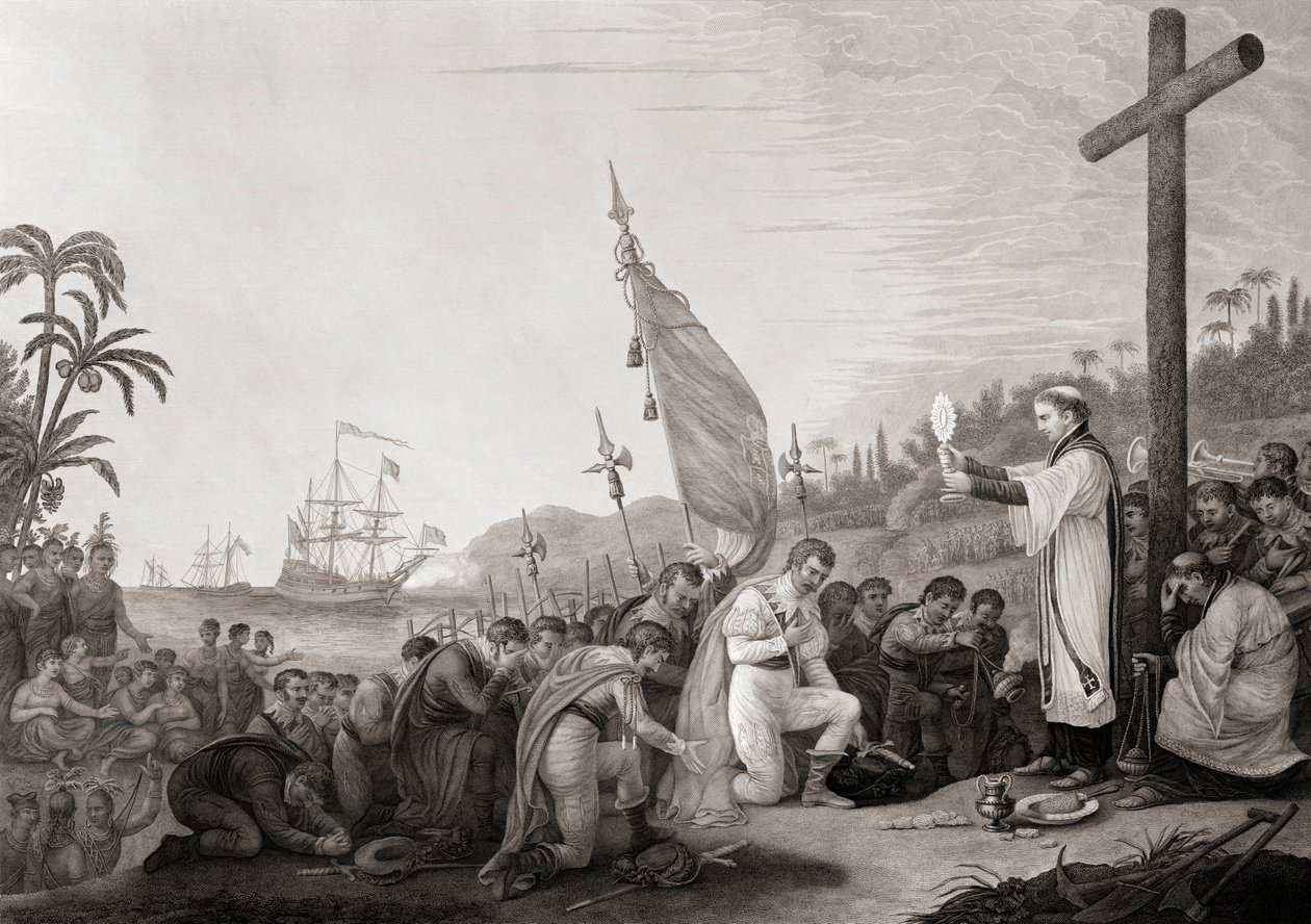Kolumbus přistane v Novém světě (rytina) od John James (after) Barralet