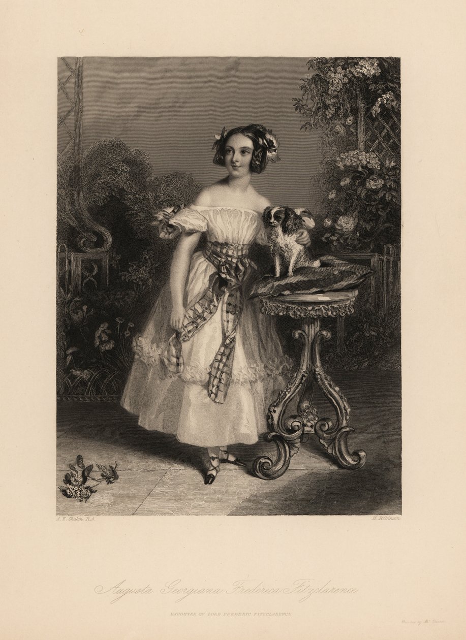 Augusta Georgina Frederica Fitzclarence, dcera lorda Frederica Fitzclarence, nemanželského syna krále Viléma IV. Nosí vlasy na prstýncích a stužkách a nosí šaty stažené přes ramena svázané vlečkou, na polštáři drží King Charles španěl od John James (after) Chalon