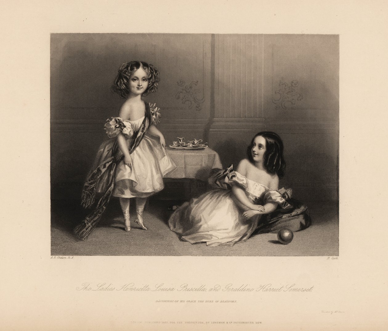 Henrietta Louisa Priscilla a Geraldine Harriet Somerset, dcery Henryho Somerseta, 7. vévody z Beaufortu. Dvě dívky v šatech na ramenou se stuhami, vlasy v prstýncích, hrají si s čajovou sadou a míčem. Ocelová rytina H. Cooka po nemoci od John James (after) Chalon