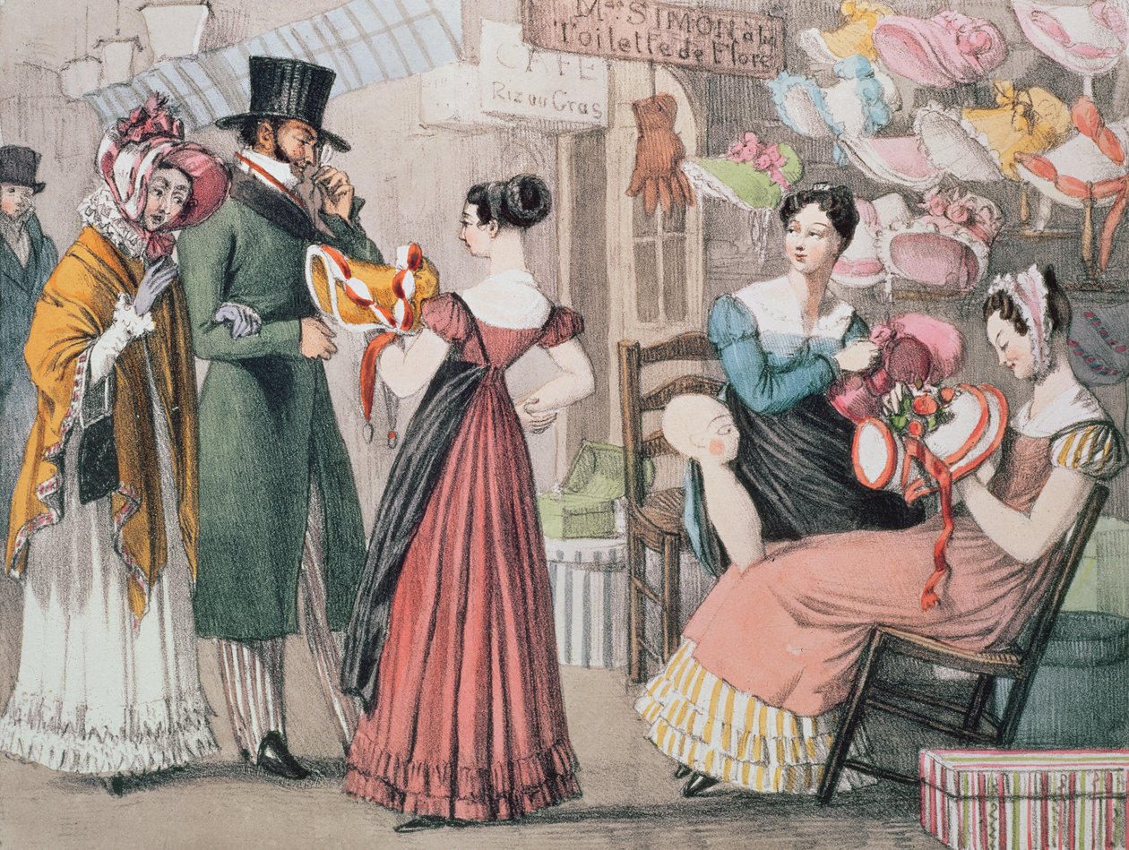 U Milliners (La Marchande de Modes), tisk Charles Joseph Hullmandel (1789-1850), pub. Rodwell a Martin, 1822 od John James Chalon
