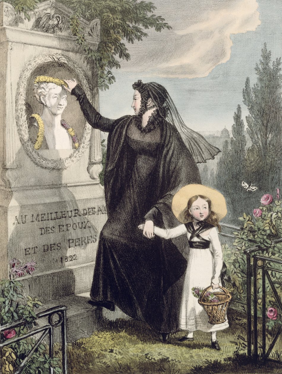 Hřbitov Pere Lachaise, tisk Charles Joseph Hullmandel (1789-1850) pub. 1822 (barevná rytina) od John James Chalon