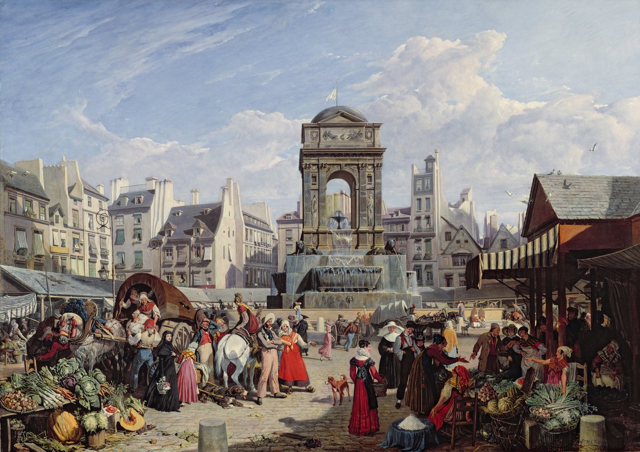 Trh a fontána nevinných, Paříž, 1823 od John James Chalon