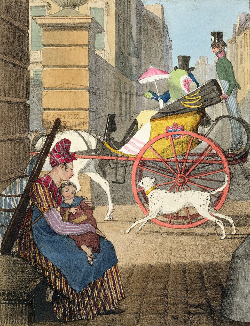 Vjezd do kočáru, z „Dvacet čtyř předmětů, vystavujících pařížský kostým“, vyrytý Charlesem Josephem Hullmandlem (1789-1850), vydáno 1817-22 od John James Chalon
