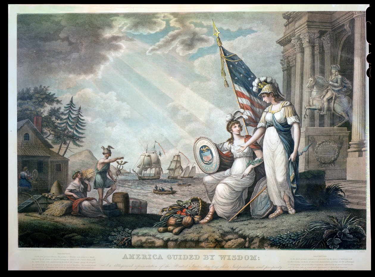 America Guided By Wisdom, 1815 vyrytý Benjamin Tanner (1775-1848) od John James after Barralet