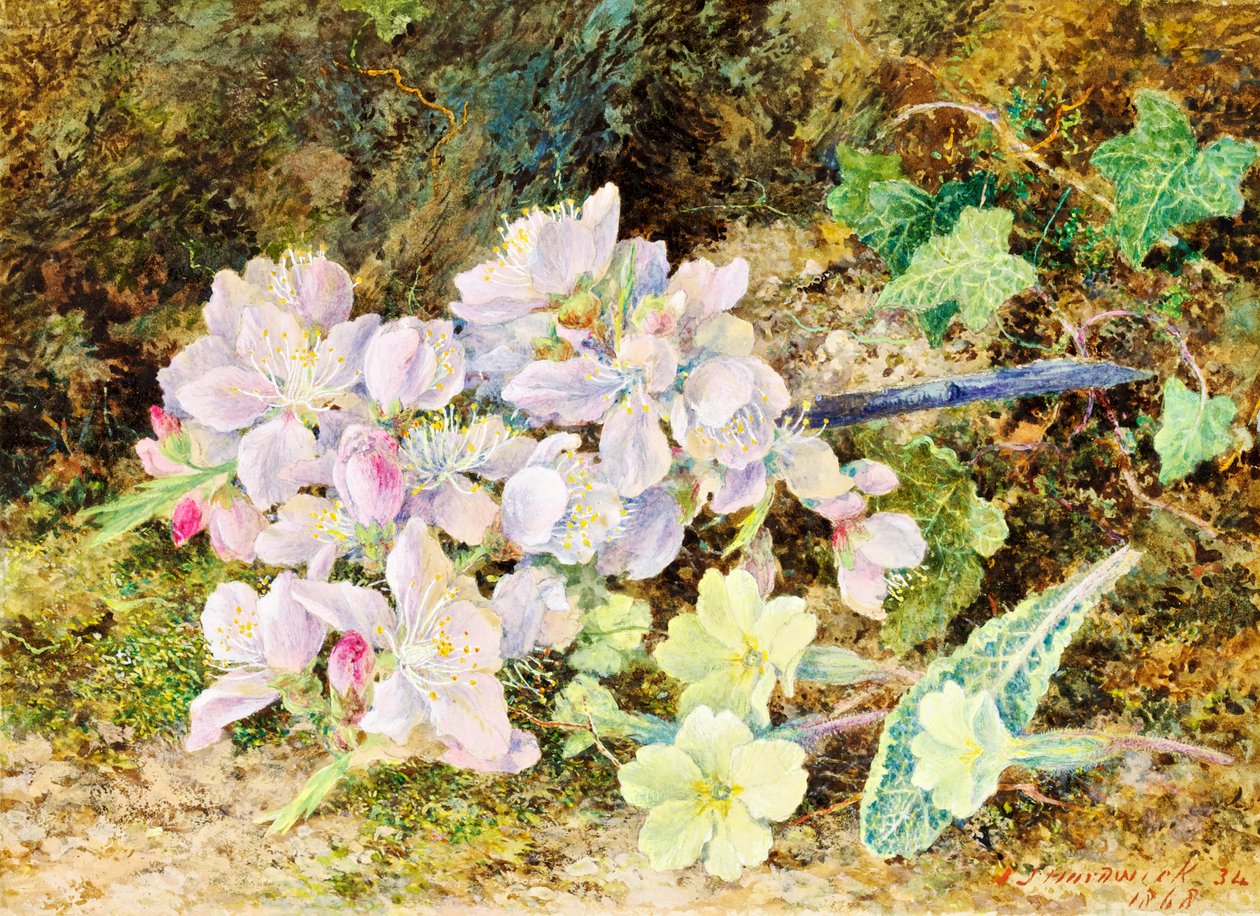 Mandlové květy a petrklíče, 1868 (wc na kartě) od John Jesson Hardwick