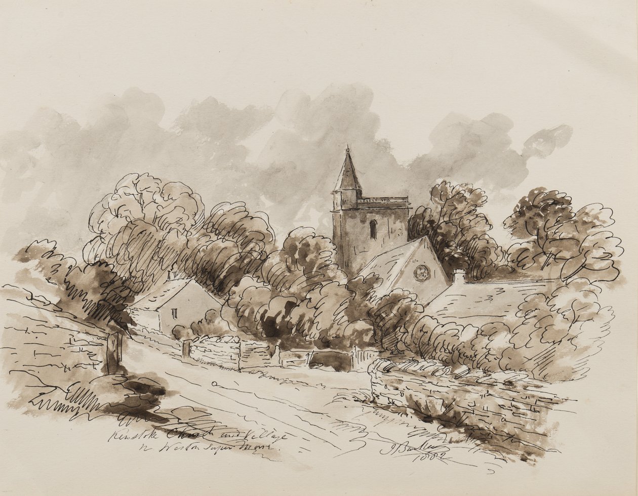 Kewstoke Church and Village, Weston Super Mare, Somerset, 1882 (pero, štětec a inkoust na papíře) od John Joseph Barker