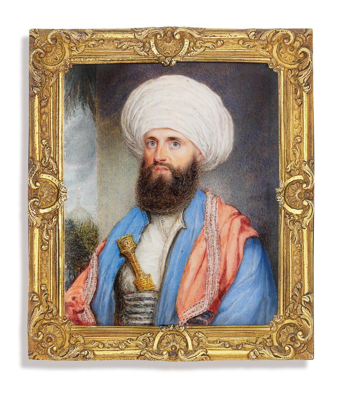 James Silk Buckingham (1786-1855), v bílé košili se světle modrým kabátem, růžovým vyšívaným šátkem kolem ramen a bílým turbanem s dýkou připevněnou k jeho cummerbundu, pozadí krajiny s mešitou od John Jukes