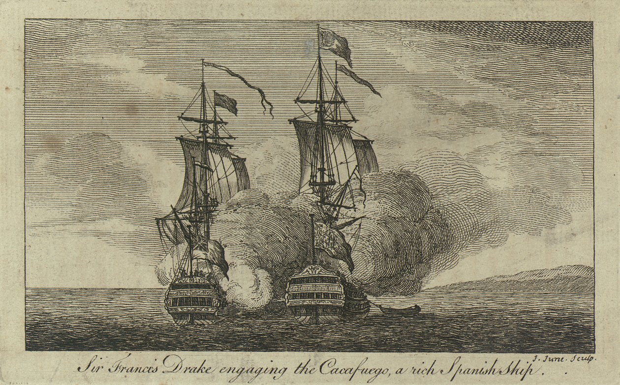 Sir Francis Drake se střetává s bohatou španělskou lodí "Cacafuego". od John June
