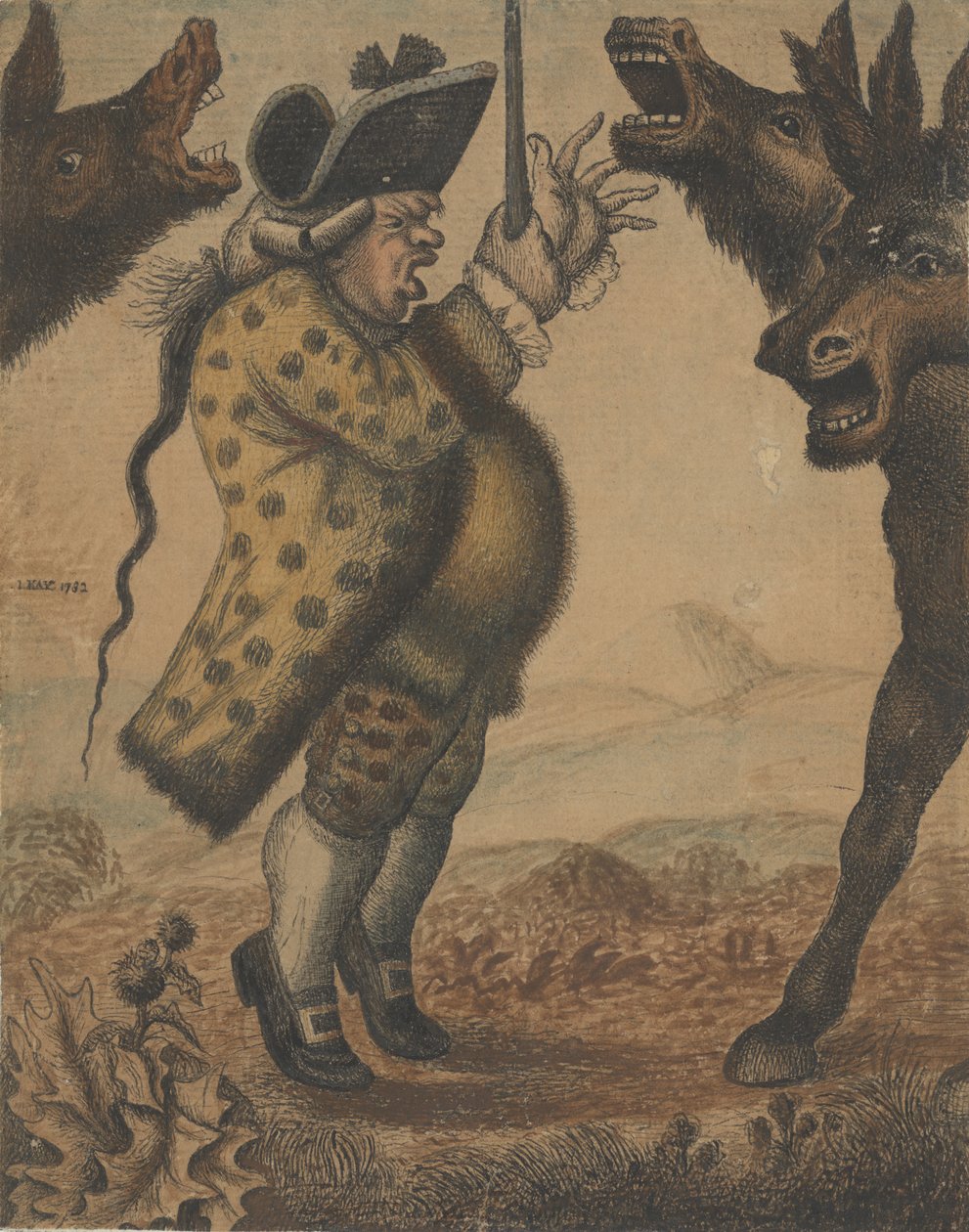 Pan Alexander Campbell, varhaník, dirigující tři křičící osly, 1782. od John Kay