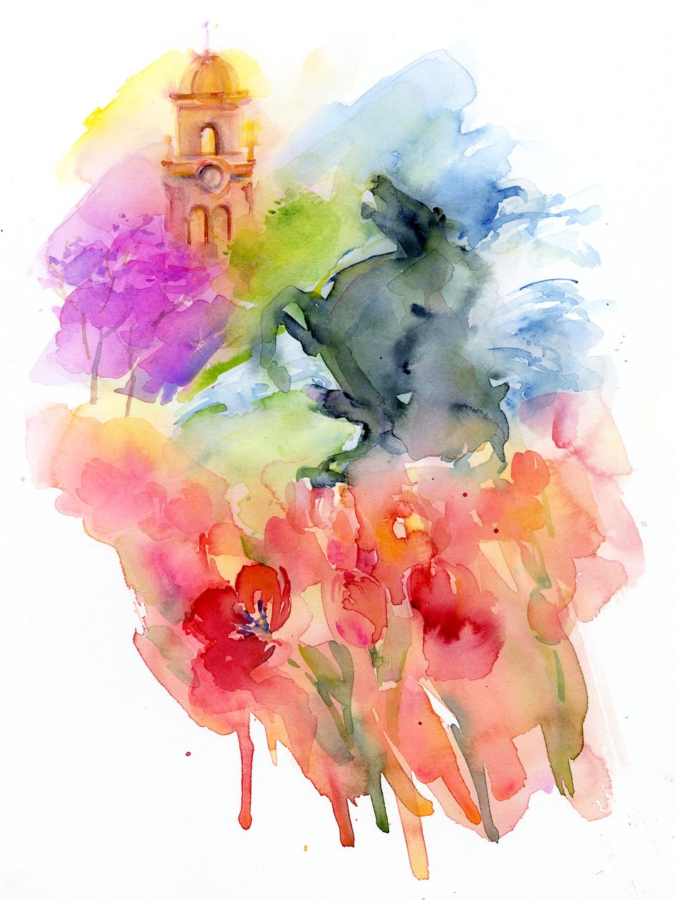 Plaza s červenými tulipány, 2016, (akvarel) od John Keeling