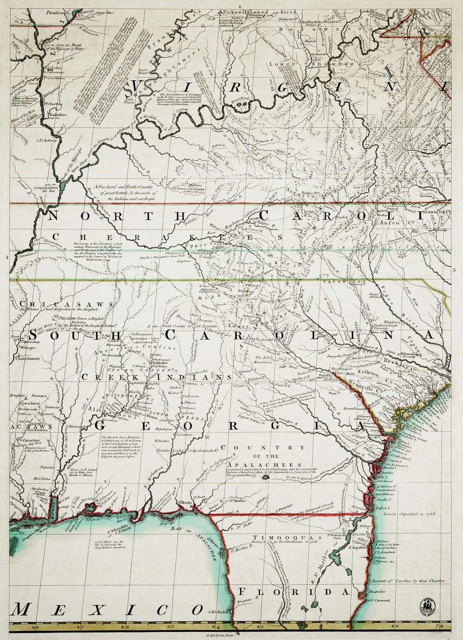 Mapa britského a francouzského panství v Severní Americe s vyznačením cest, vzdáleností, hranic a rozlohy osad, pokorně napsaná na počest ctihodného hraběte z Halifaxu a ostatních ctihodných lordů komisařů pro obchod a plánování. od John & Kitchen Thomas & Mitchell (fl.1755 Mitchell