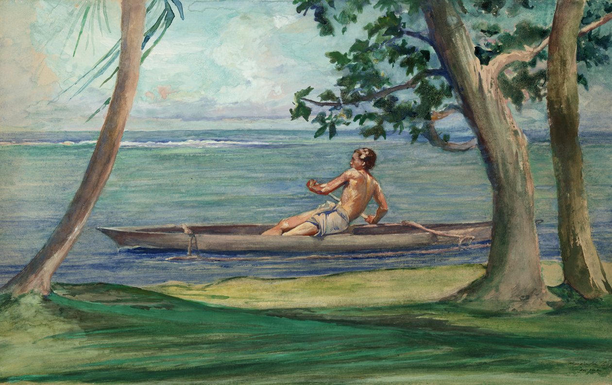 Chlapec v kánoi procházející před naším domem, Vaiala, Samoa od John La Farge