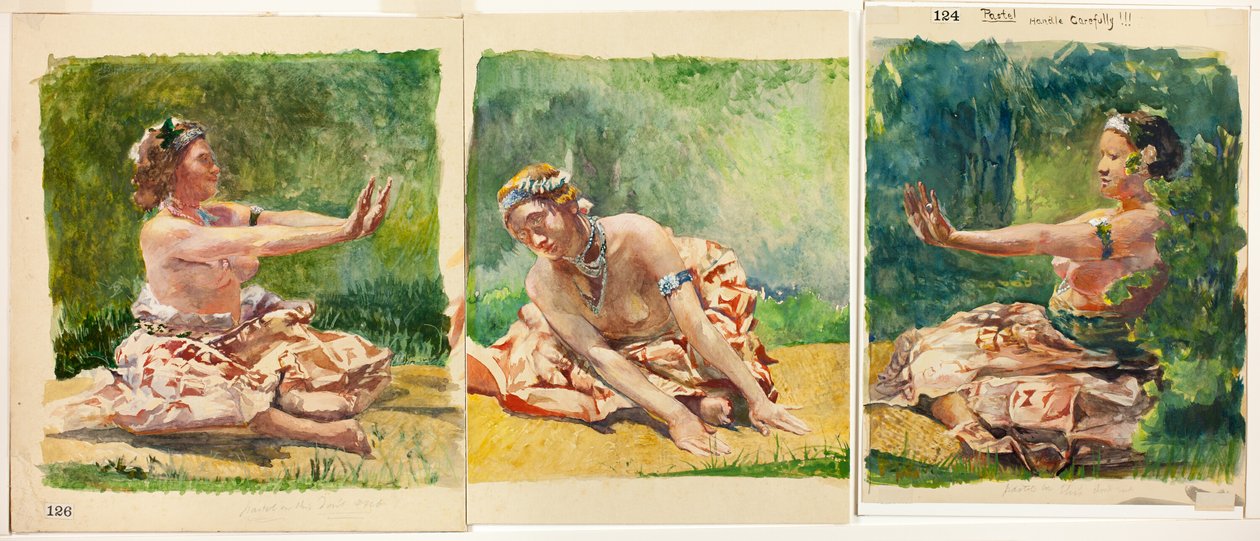 Siva Dance: Triptych sedících jednotlivých postav od John La Farge