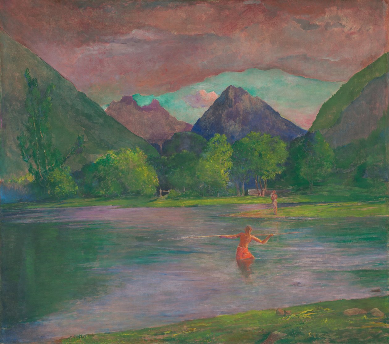 Vchod do řeky Tautira, Tahiti. Rybář oštěpující rybu, c. 1895. od John La Farge