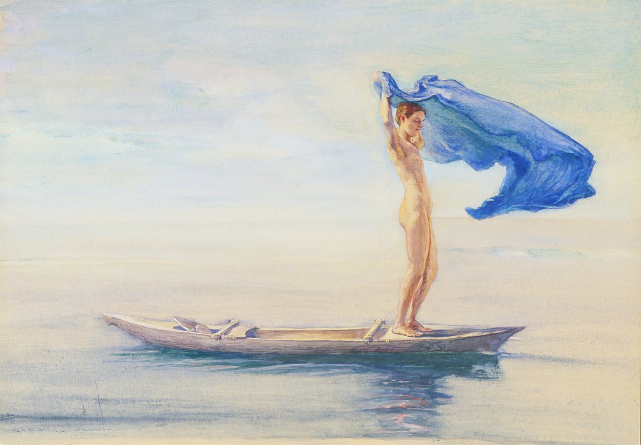 Dívka v přídi kanoe rozprostřela bederní látku na plachtu, Samoa, kolem 1895-96 (wc a kvaš na palubě) od John La Farge or Lafarge