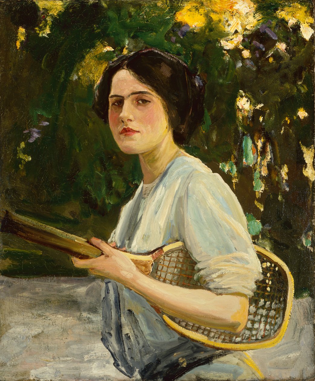 Eileen Lavery držící tenisovou raketu od John Lavery