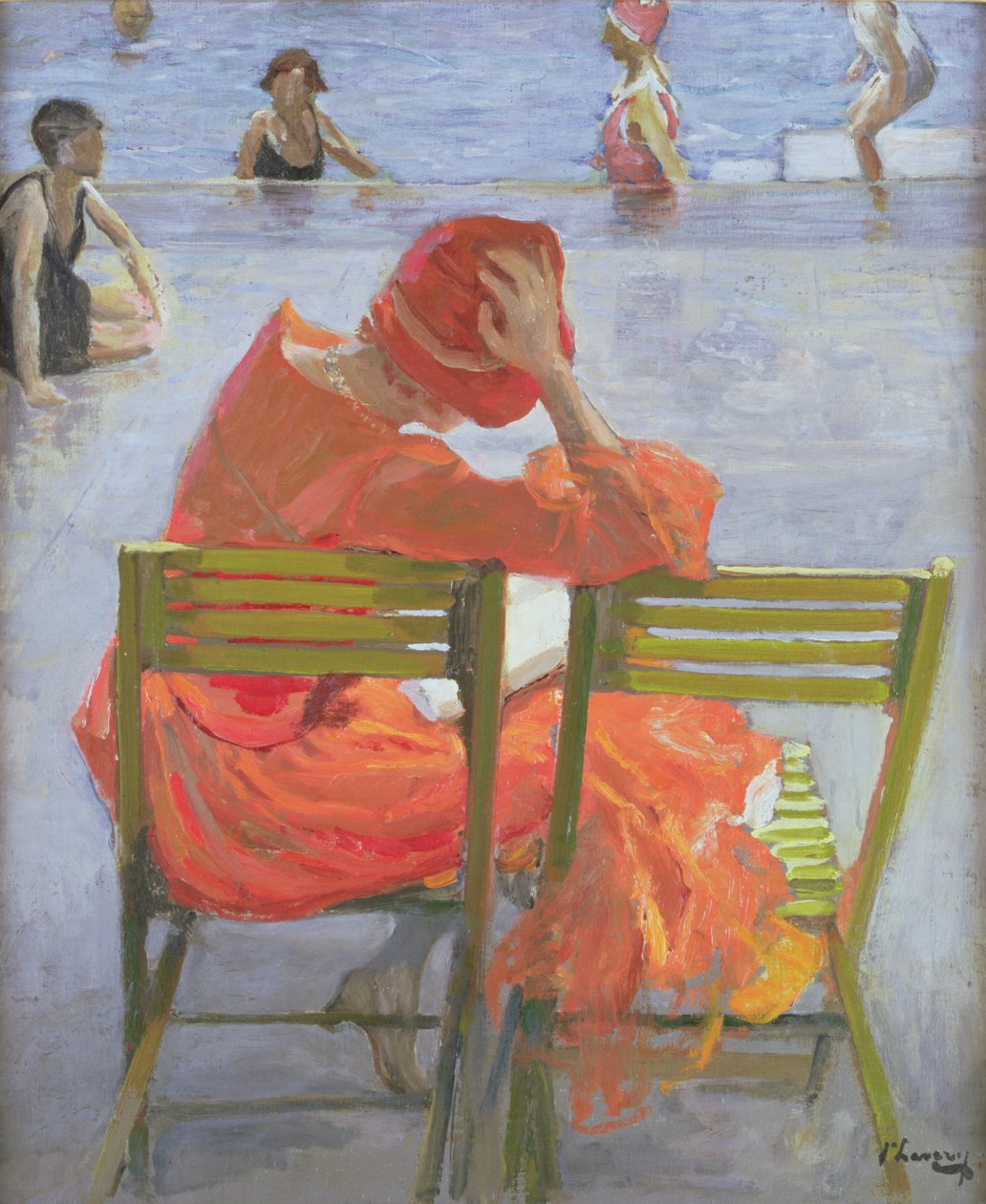 Dívka v červených šatech čtení u bazénu od John Lavery