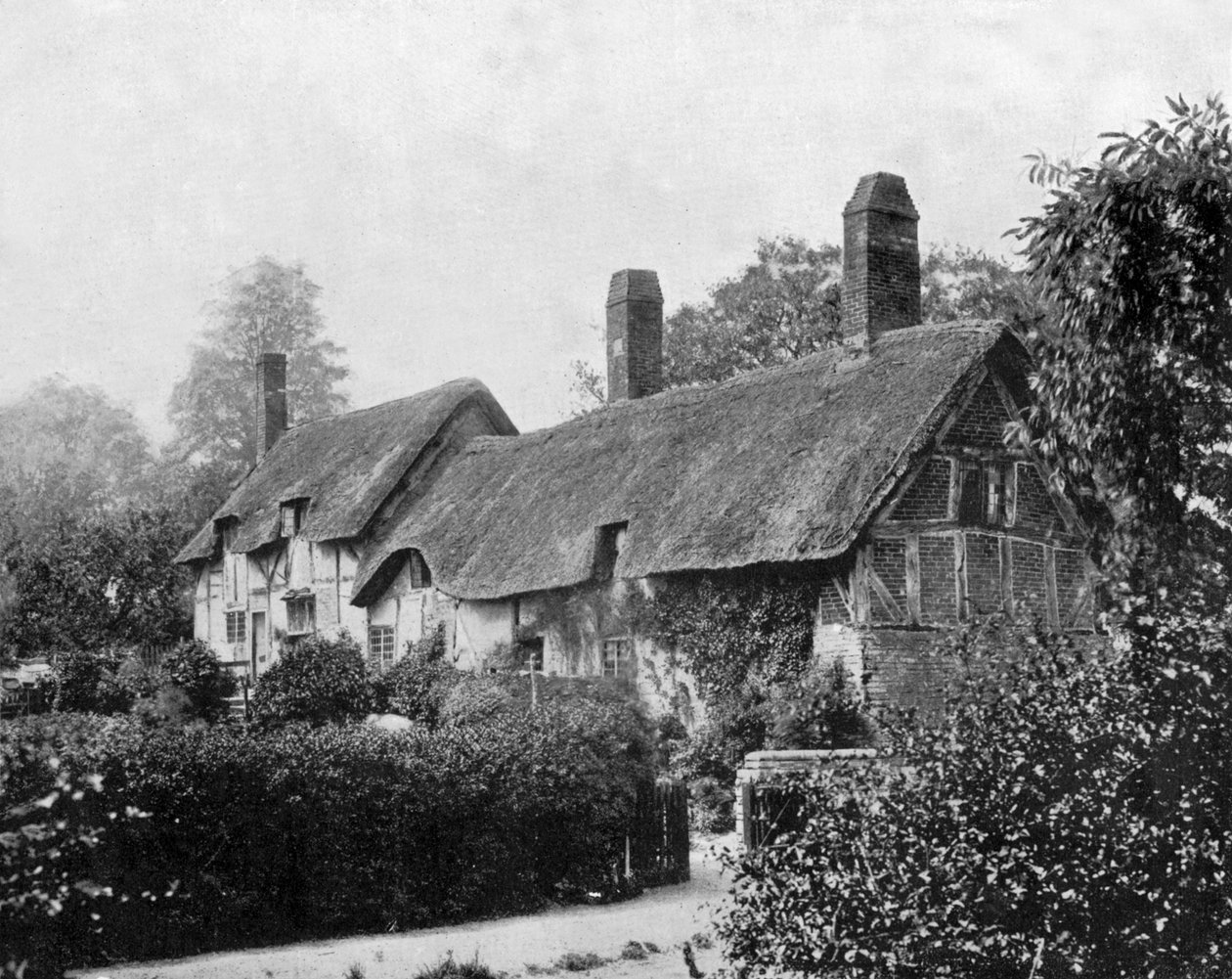 Chata (dům) Ann Hathaway (Shakespearova manželka) ve Stratfordu nad Avonou, Anglie, foto c. 1890 (černobílá fotografie) od John Lawson Stoddard