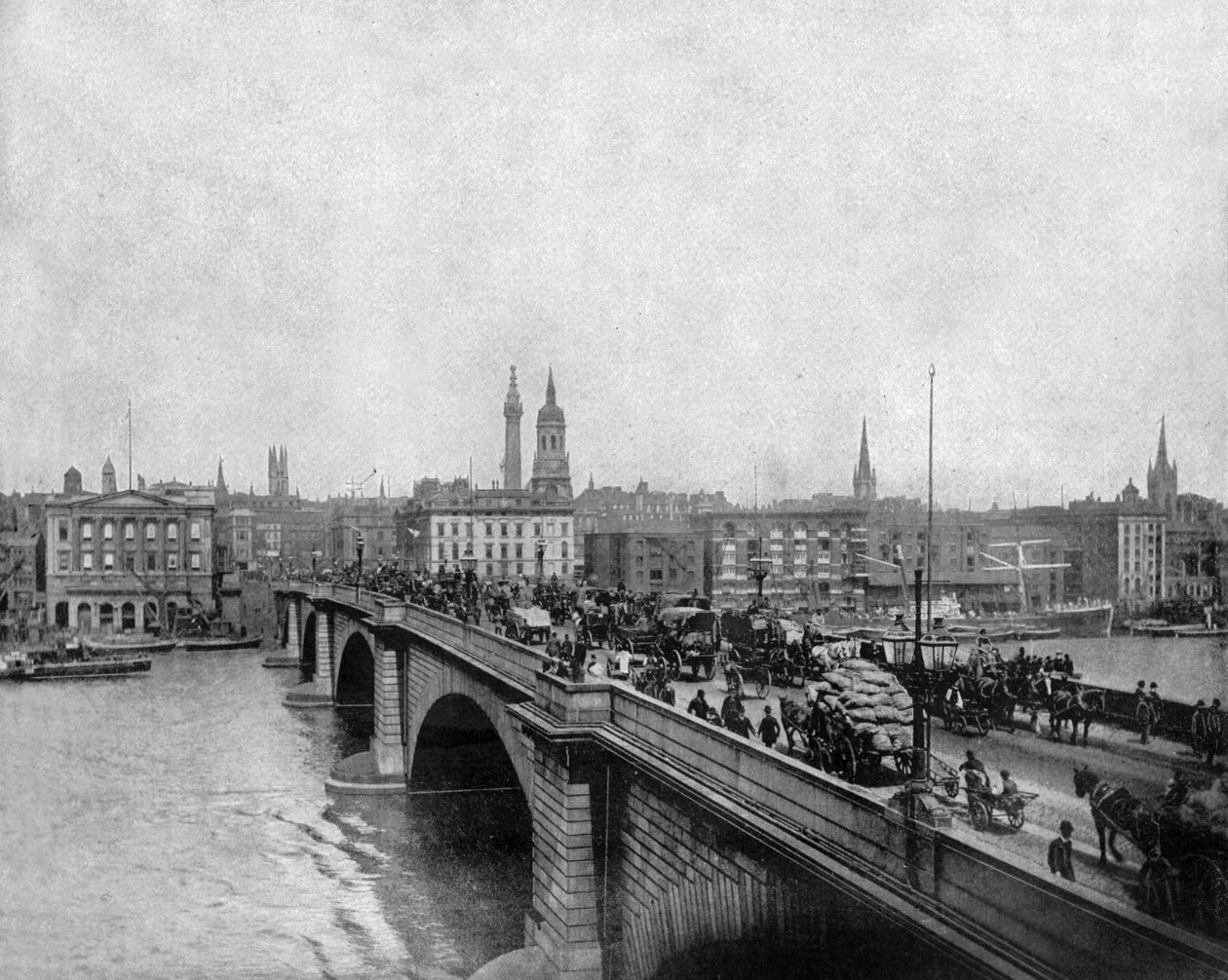 Londýnský most postavený v roce 1831 přes Temži v Londýně, kolem roku 1900 (černobílá fotografie) od John Lawson Stoddard