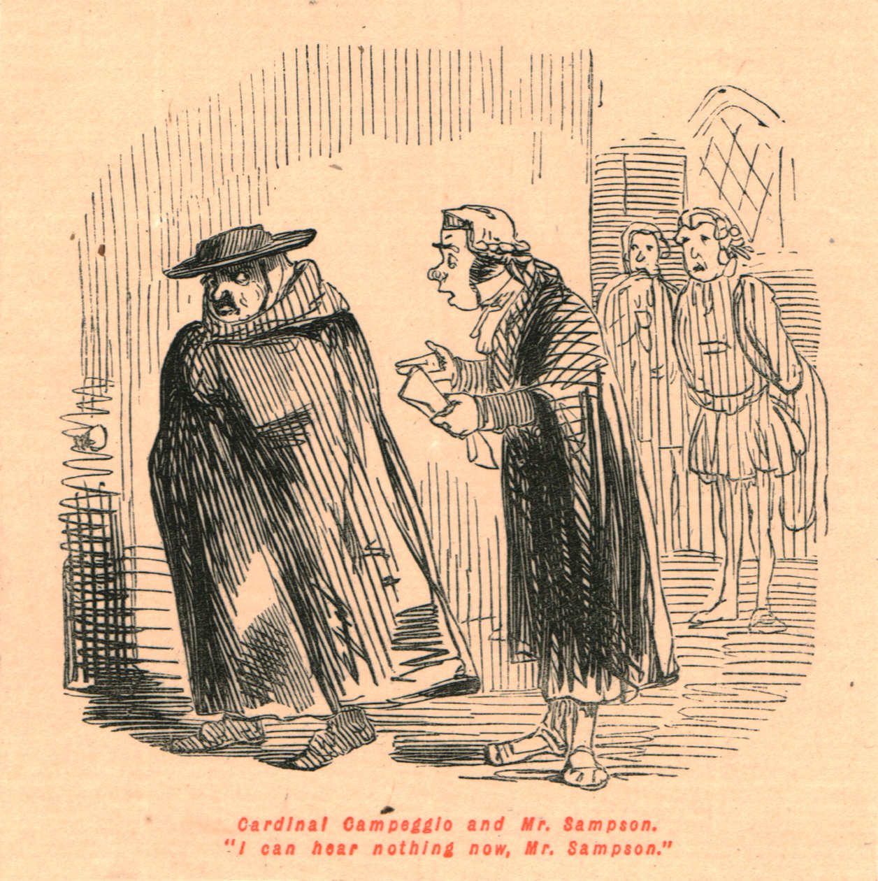 Kardinál Campeggio a pan Sampson. Teď nic neslyším, pane Sampsone., 1897. od John Leech