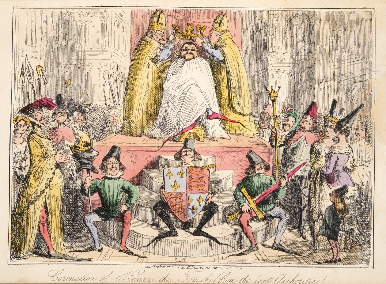 Korunovace Jindřicha IV. (od nejlepších autorit), z The Comic History of England, pub. 1864 (ručně kolorovaný lept) od John Leech