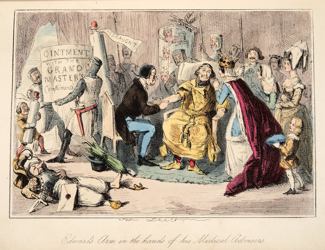 Edwardova paže v rukou svých lékařských poradců, z The Comic History of England, pub. 1864 (ručně kolorovaný lept) od John Leech
