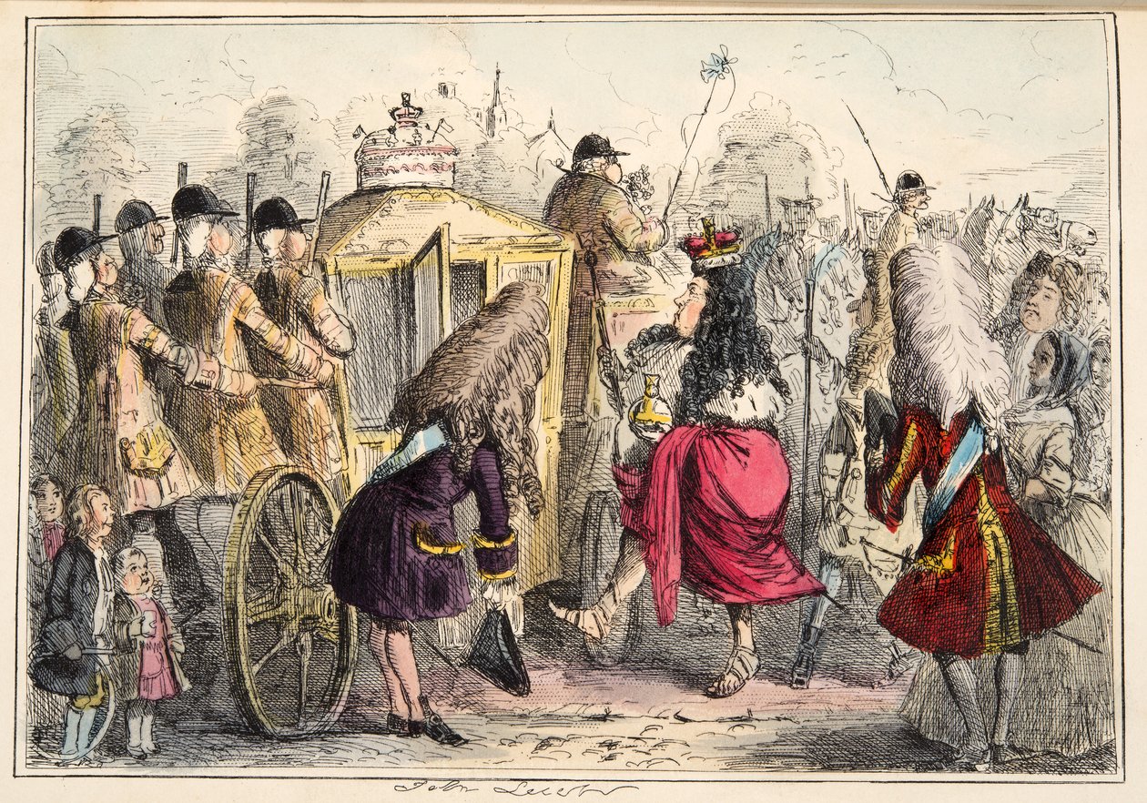 Georgey Porgey the Firstvyjíždí na projížďku ve svém státním kočáře Pachy, z knihy The Comic History of England, pub. 1864 (ručně kolorovaný lept) od John Leech