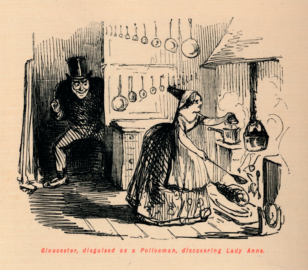 Gloucester, převlečený za policistu, objevuje lady Anne, od John Leech