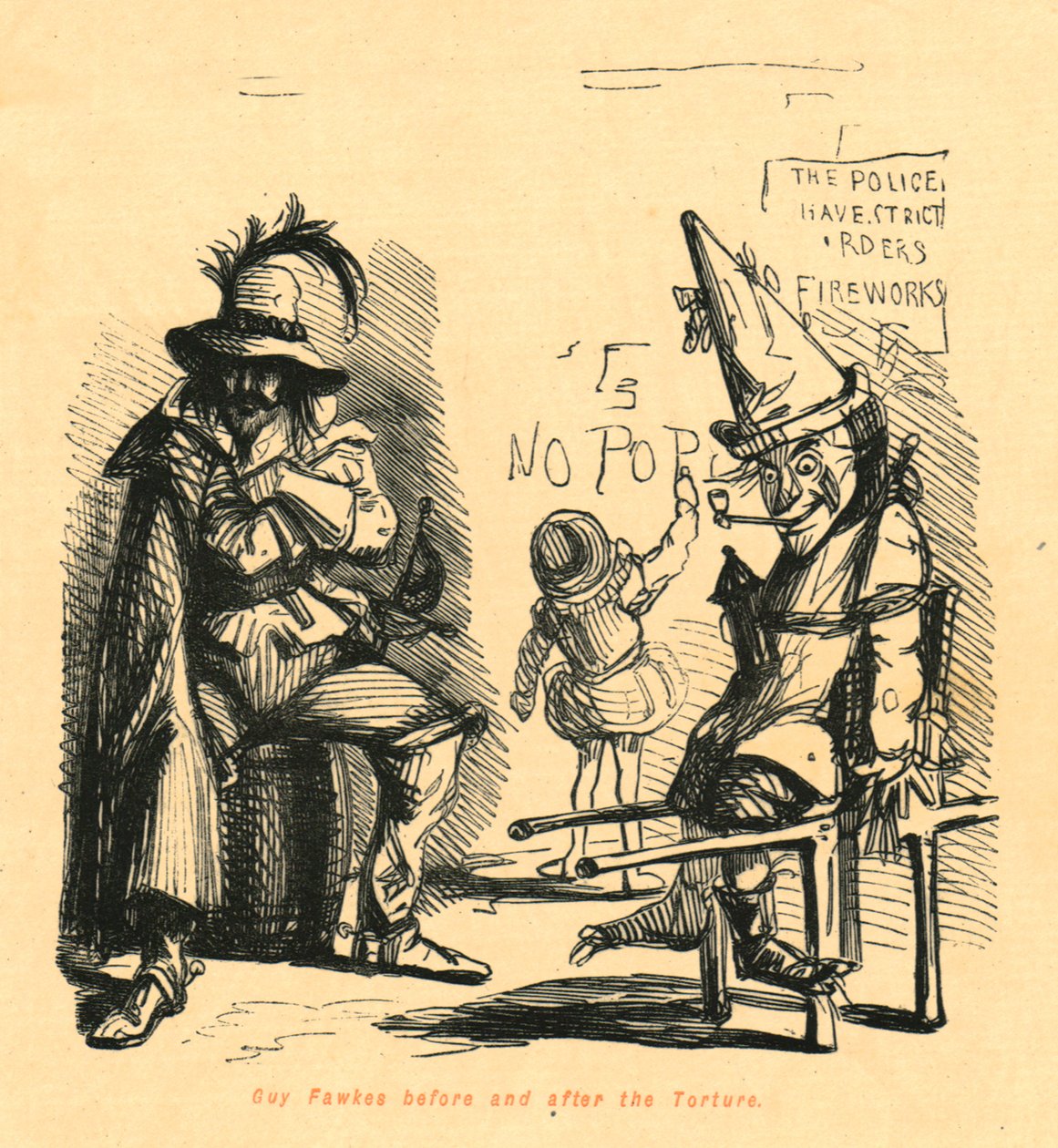 Guy Fawkes před a po mučení, 1897. od John Leech