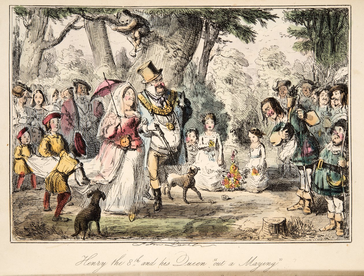 Henry VIII a jeho Queen Out-a-Maying, z The Comic History of England, pub. 1864 (ručně kolorovaný lept) od John Leech