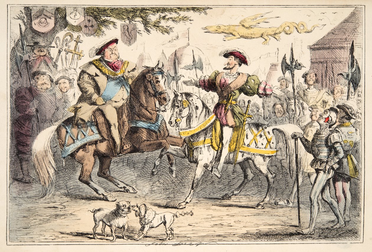 Setkání Jindřicha VIII. s Františkem I., z The Comic History of England, pub. 1864 (ručně kolorovaný lept) od John Leech