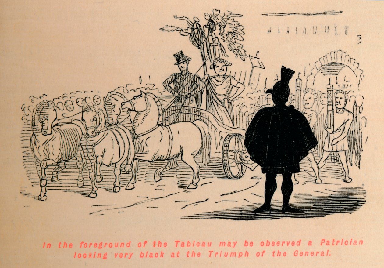 V popředí Tableau lze pozorovat Patricijce, který vypadá velmi černě na Triumph of t od John Leech