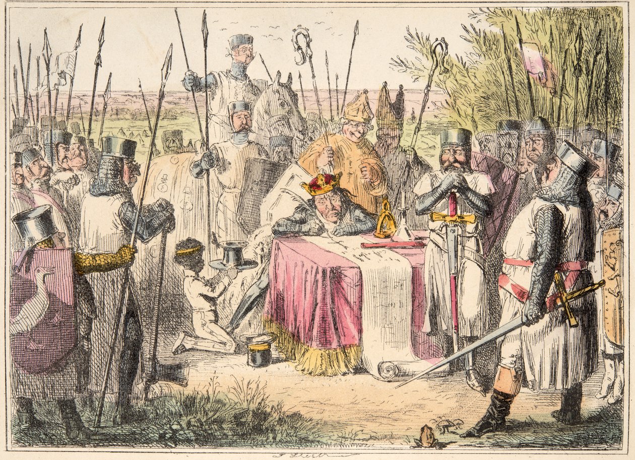 King John Signing Magna Carta, from The Comic History of England, pub. 1864 (ručně kolorovaný lept) od John Leech