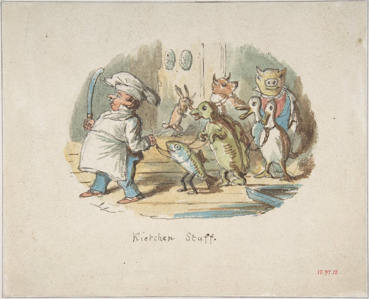 Personál v kuchyni (líc); Horská krajina s turistou (rub) od John Leech