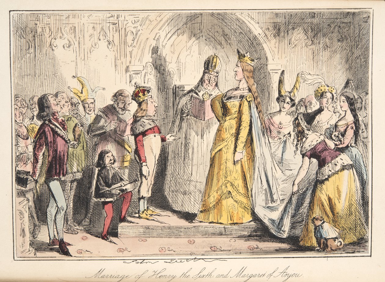 Sňatek Jindřicha VI., s Markétou z Anjou, z The Comic History of England, pub. 1864 (ručně kolorovaný lept) od John Leech